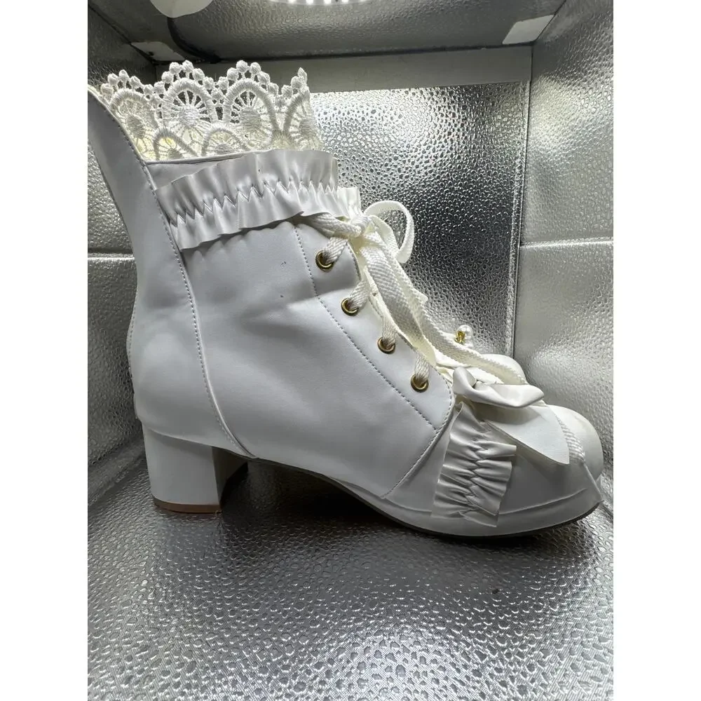 White Sweet Lolita Lace Ankle Boots Bows Pearls Cosplay Shoes 41 US 9.5